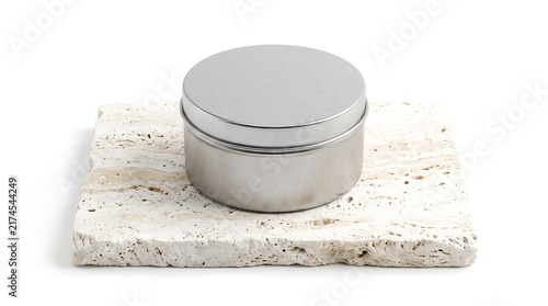Round aluminum container on travertine base against white background