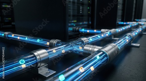 Futuristic Network Infrastructure: Glowing blue data streams flow through transparent conduits connecting server racks, symbolizing high-speed data transfer and advanced technology.