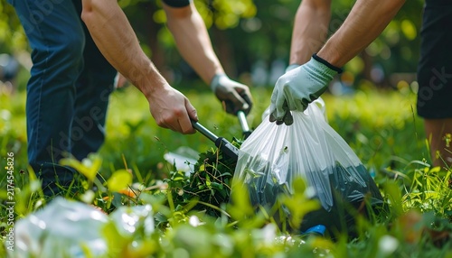 Volunteers picking up litter using a grabber tool into a bag outdoors