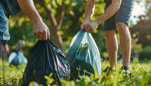 Volunteers picking up litter in a park, promoting environmental cleanup efforts