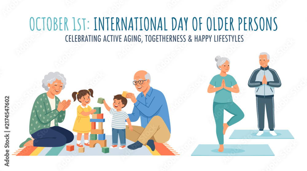 Fototapeta premium An illustration celebrating the International Day of Older Persons, showing seniors engaging in active aging, intergenerational play with children, and practicing yoga for a healthy lifestyle.