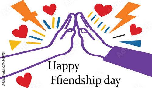 Abstract illustration of two hands meeting with colorful hearts and geometric lightning bolts celebrating friendship day.