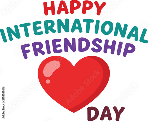 Whimsical vector illustration of Happy International Friendship Day text with colorful typography decorative heart foliage elements.