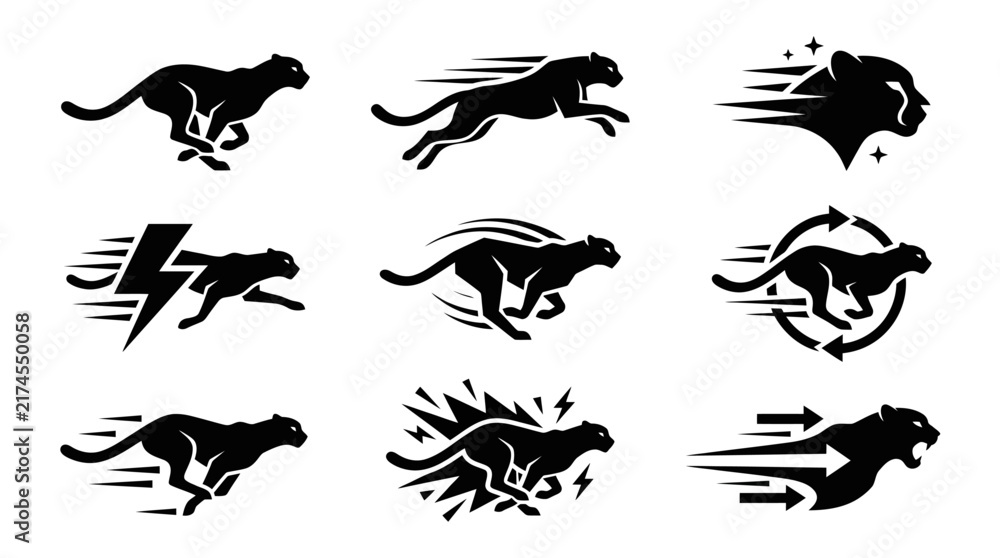 Fototapeta premium Black cheetah silhouettes in motion graphics.