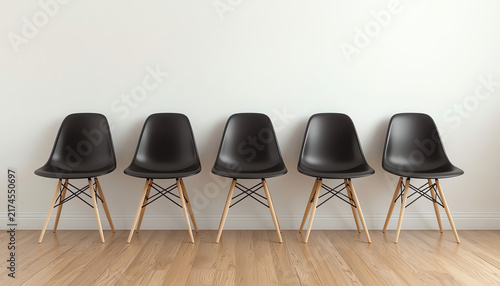Row of chairs on wooden floor against white wall background. Vintage style. concept for business in job interview. Selection and job vacancies. with copy space