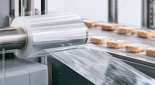 Industrial machine wrapping food items in clear plastic on a production line