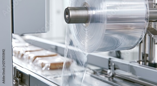 Machine wrapping packaged items in clear plastic film from a large roll