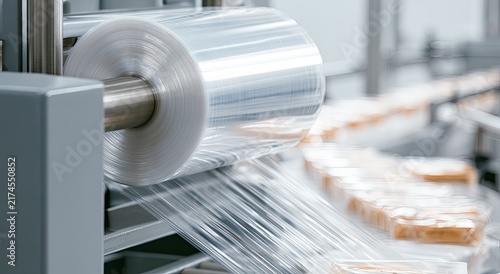 Clear plastic film unwinding from a large roll onto a conveyor