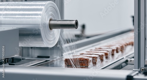 Machine wraps food items with clear plastic film on a conveyor