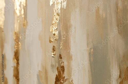 Abstract artwork with shimmering gold leaf drips on a textured, neutral background