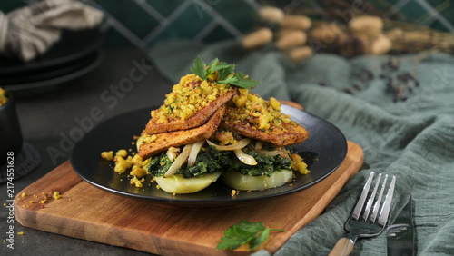Pan-Seared Tofu with Sautéed Spinach and Potatoes Topped with Herb Crumbles