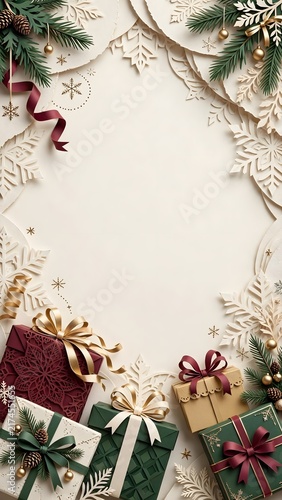 Elegant vertical Christmas background with wrapped gifts, evergreen branches, ribbons, stars, and delicate festive foliage arranged around spacious cream copy space