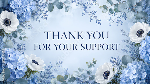 Floral thank you card featuring elegant text on a light blue watercolor background.