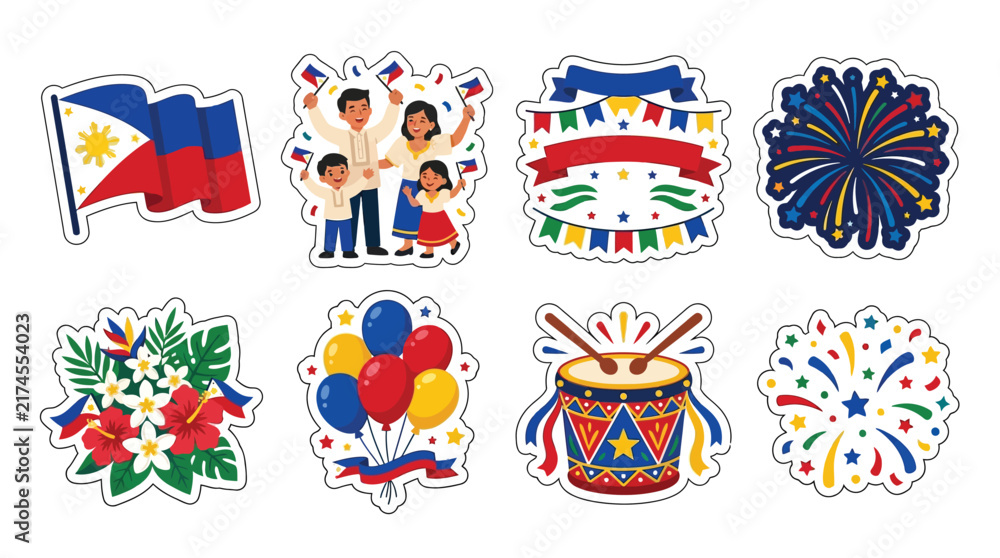 Fototapeta premium Collection of Filipino Independence Day celebration elements including flag, family, fireworks, and drum.