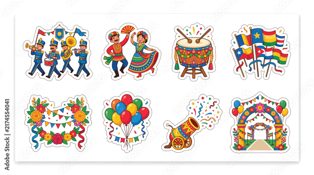 Fototapeta premium Collection of colorful cartoon icons representing different aspects of celebration and cultural events.