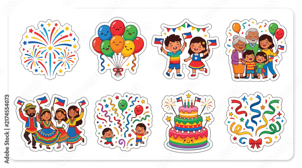 Naklejka premium Collection of Filipino cultural celebration elements including fireworks, balloons, families, and a cake.