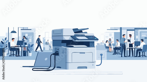 Modern office environment with people working and a copier machine