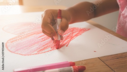Colorful red and pink crayon strokes on white paper, small child's hand holding the crayon.
