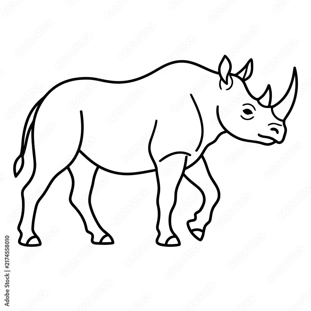 Fototapeta premium Black and white outline of a walking rhinoceros