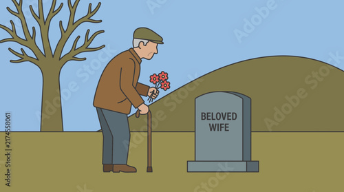 Bild auf Leinwand Elderly Man Visiting Wife's Grave Daily Vector Illustration