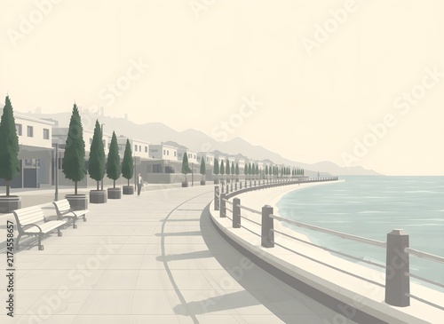 Elegant Seaside Promenade with Modern Waterfront Architecture