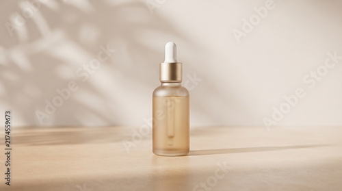 cosmetic dropper bottle mockup on beige background with natural leaf shadow overlay