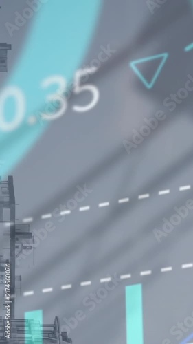 Animation of stock market data processing against view of inverted tall buildings