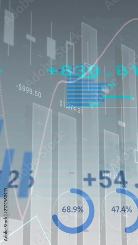 Animation of multiple graphs with numbers and trading board over gray background
