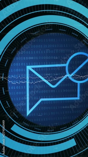 Animation of envelope and stop sign in loading circles over graphs with numbers on black background