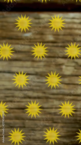 Yellow star shapes animation over wooden surface with tomato on right