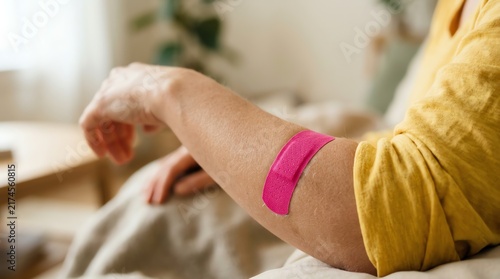 Close-up of a person's arm with a bright pink adhesive bandage applied to the shoulder area, indicating recent medical treatment or care
