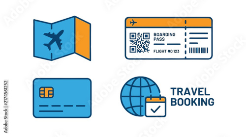 Colorful travel booking vector icons featuring plane map boarding pass credit card and globe calendar symbols