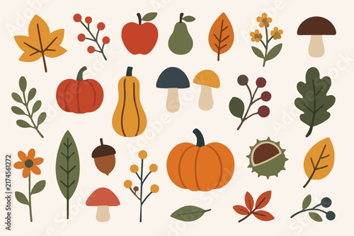 Autumn collection with fruits flowers and foliage