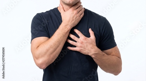 Man suffering from severe sore throat and chest pain stock photo