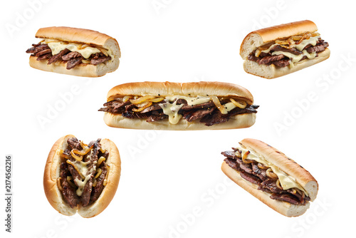 Set of Grilled Steak Sandwiches on Baguette with Melted White Cheese on Transparent Background