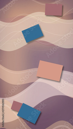 Foto Scattered orange, blue, and lilac square blocks float over soft wave lines, delivering a gentle, uplifting atmosphere for advertising and design layouts