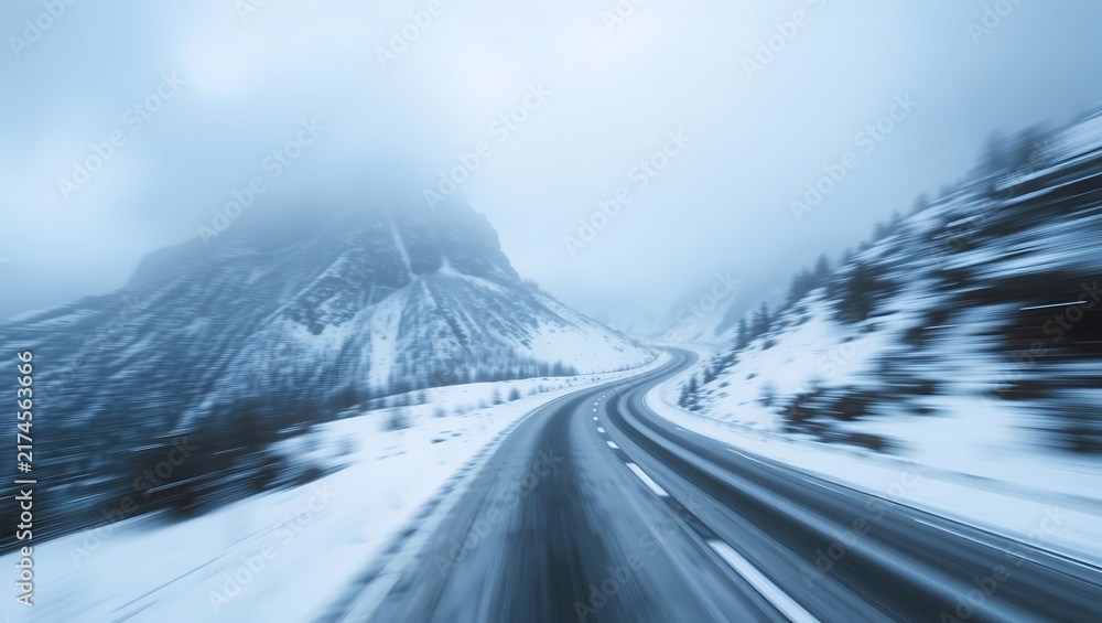 Obraz premium winding mountain road in snowy winter with motion blur