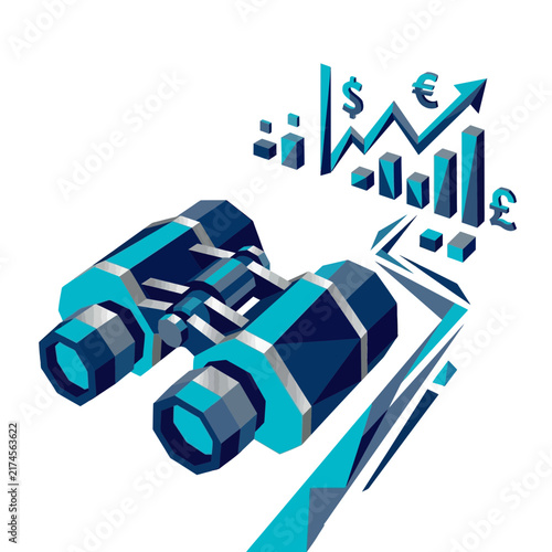 Binoculars view financial growth charts and currency symbols