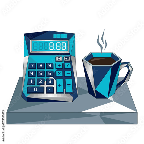 Calculator and Coffee Mug, Geometric Design, Business Desk Concept