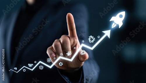 Business Growth Rocket Launching Upward Arrow with Icons.