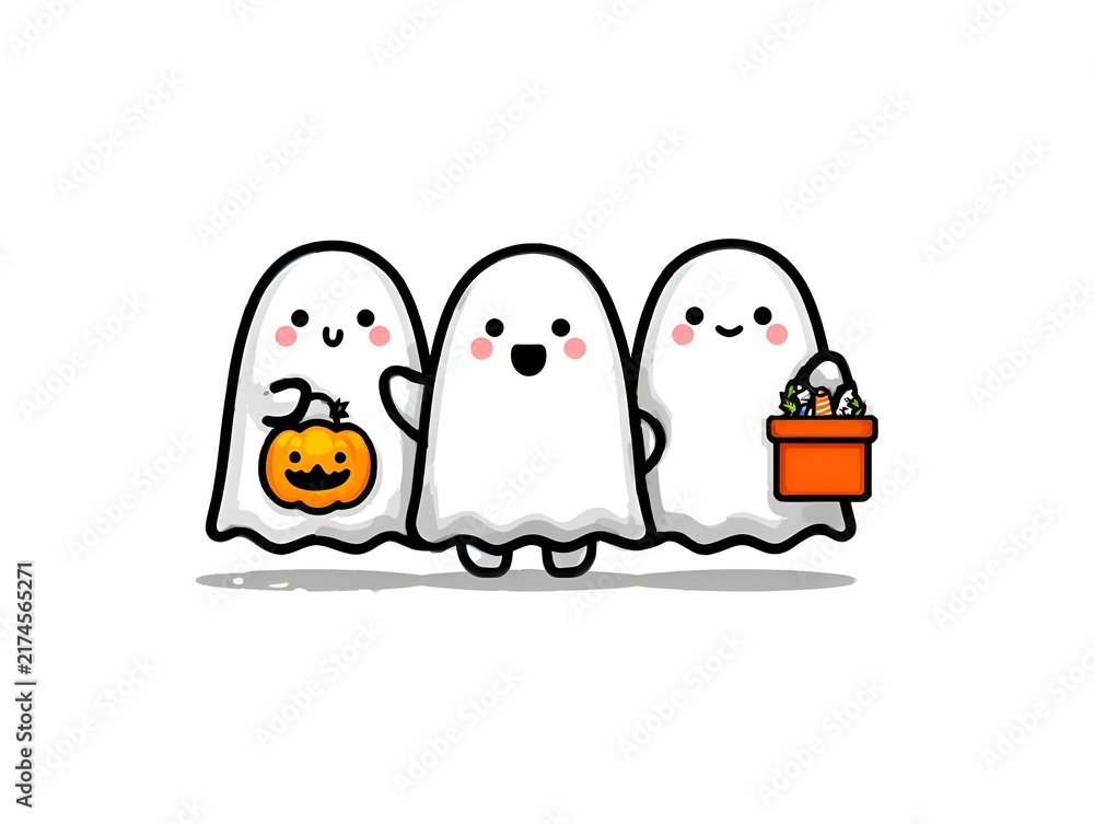 Obraz premium Three cute cartoon ghosts on a white background with a pumpkin and candy bag for Halloween