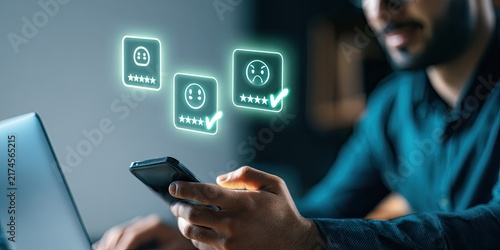 Man using smartphone with glowing customer feedback icons above.