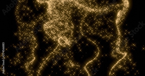 Glittering gold particle trails flying in black background. Sparkling light streaks glow dust effect. 3D rendering.