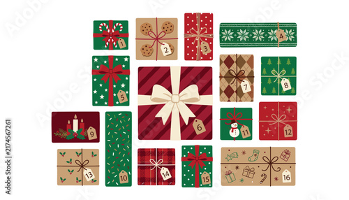 Obraz na płótnie Christmas advent calendar vector illustration with numbered gift boxes countdown