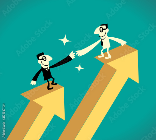 Flat retro vector illustration of two businessmen standing on rising arrows reaching out to help each other. For business partnership, teamwork, career support, and corporate success concepts.