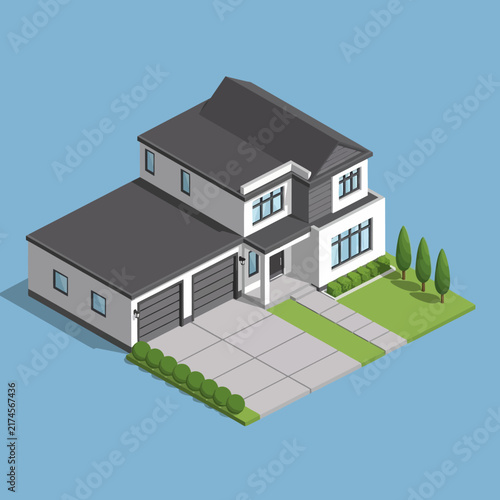Modern Two-Story House with Attached Garage and Landscaped Yard.