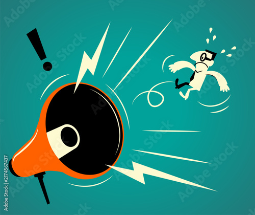 Flat vector of a giant megaphone shouting at a startled businessman blown away by the noise. For marketing announcements, workplace stress, crisis communication, and urgent news concepts. 