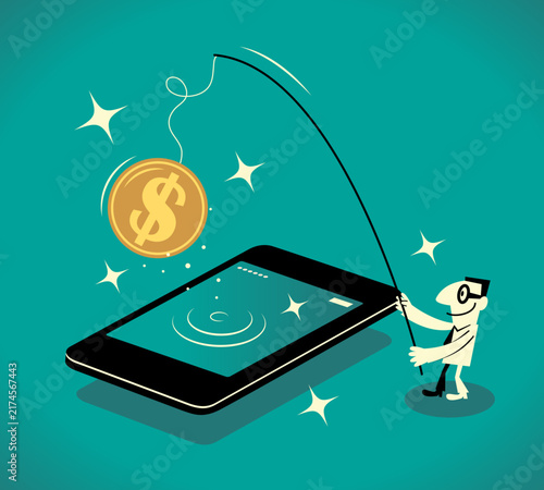 Flat vector of a businessman using a fishing rod to catch a large gold money coin from a smartphone screen. For mobile banking, digital payment, online income, and fintech investment concepts. 