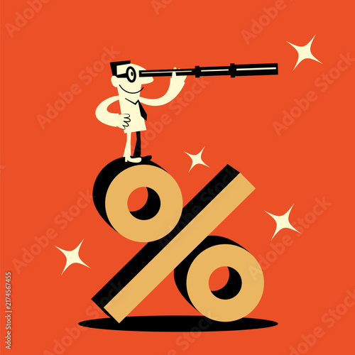 Flat vector of a smiling businessman looking through a spyglass while standing on a huge percentage symbol. For interest rate forecasting, discount hunting, financial outlook, and market trends. 