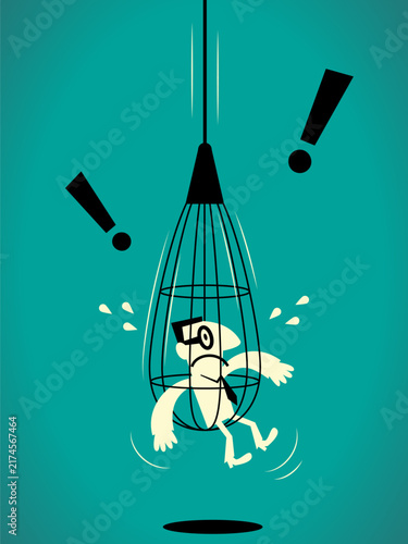 Flat retro vector illustration of a worried businessman trapped inside a dropping net cage with exclamation marks. Ideal for business risk, trap, crisis management, and corporate failure concepts.